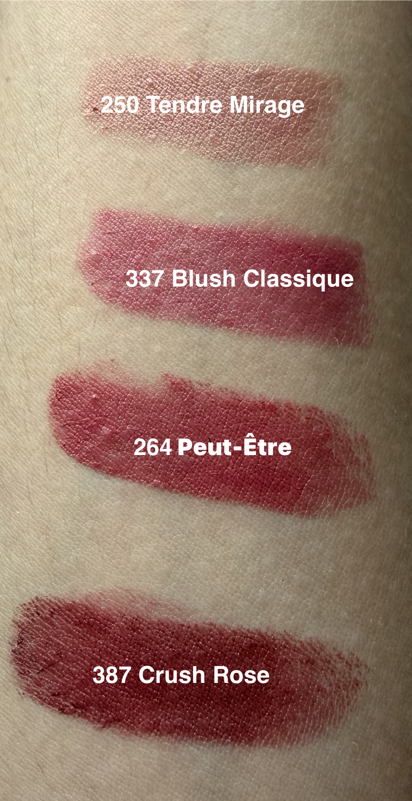 Lancôme L'Absolu Rouge Crème swatches on skin: 250 Tendre Mirage, 337 Blush Classique, 264 Peut Être, and 387 Crushed Rose