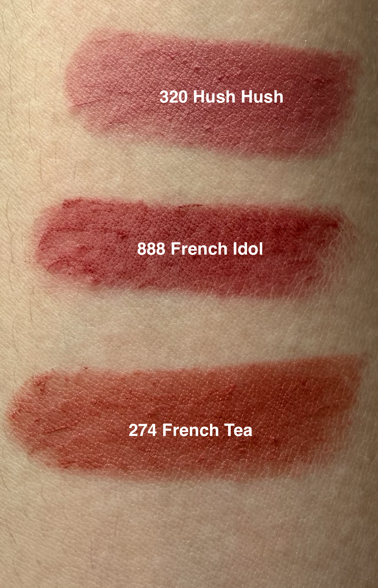 Lancôme L'Absolu Rouge Intimatte swatches on skin: 320 Hush Hush, 888 French Idol, and 274 French Tea